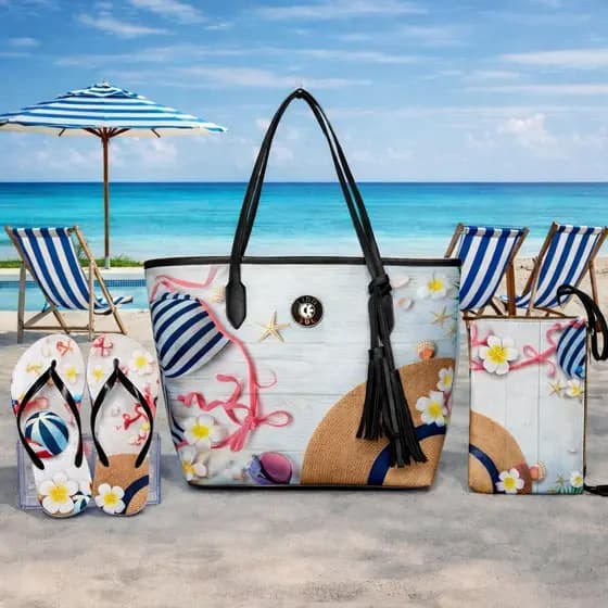 Bolsa Feminina Praia Kit 3 Peças – Bolsa, Chinelo e Necessaire