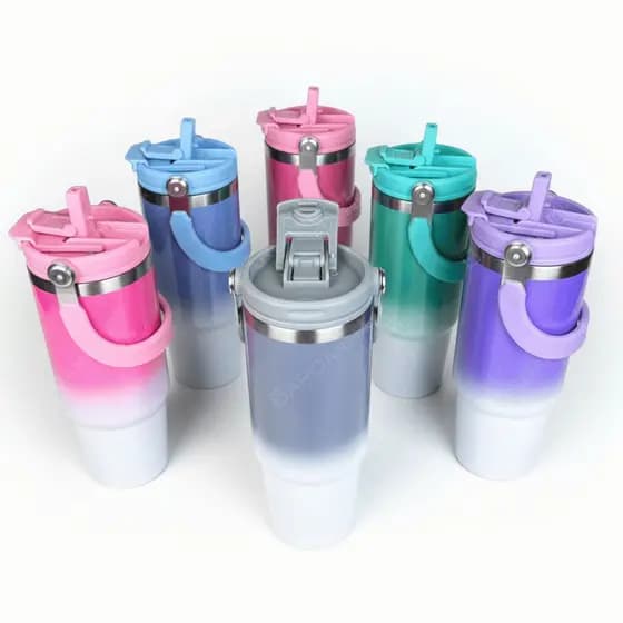 Copo Térmico Inox 900ml Canudo Flip Antivazamento Alça Degradê Bebida Gelada Quente Copo com Canudo