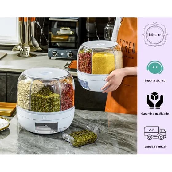 Dispenser de Cereais Giratorio com 6 Divisorias para Graos Cereais Arroz Farinha Feijao