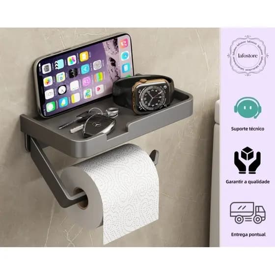 Suporte Preto Porta Papel Higienico e Suporte para Celular Papeleira Com Adesivo