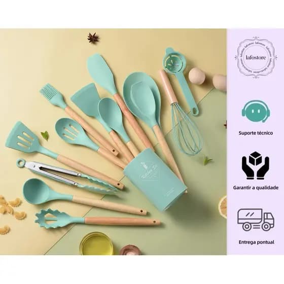 Jogo de Cozinha Kit 5/12 Peças de Silicone, Utensílios e Copo Suporte para Cozinha Cabo de Madeira