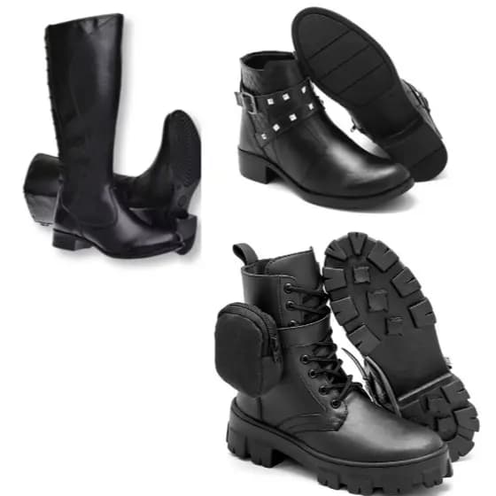 Bota de cano alto preto feminino+bota preta com bag lateral preta+bota feminina preta cano curto com fivela
