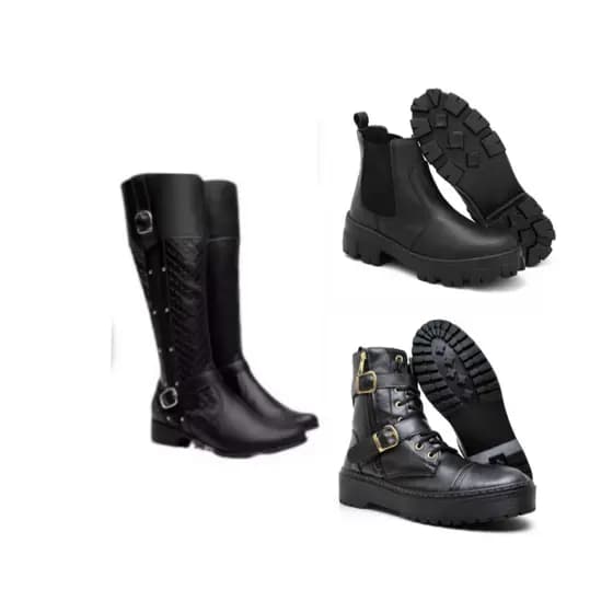 Bota cano alto feminina preta+ bota cano médio preta com fivelas+ bota feminina de borracha preta