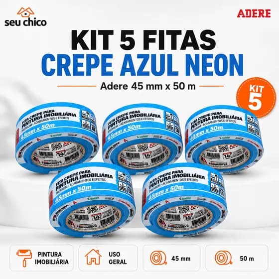 Kit 5 Fitas Crepe ADERE Azul Neon 45mm x 50m Pintura Imobiliaria Revestimento