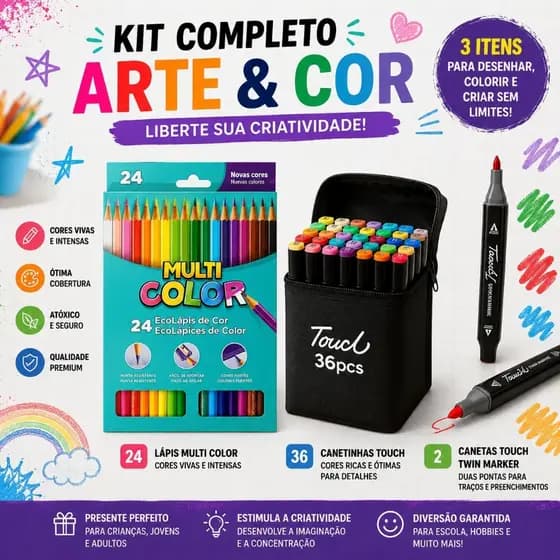 Kit Lápis de Cor 24 Cores + Caneta Touch 24 36 48 Cores Multicolor Desenho Escolar