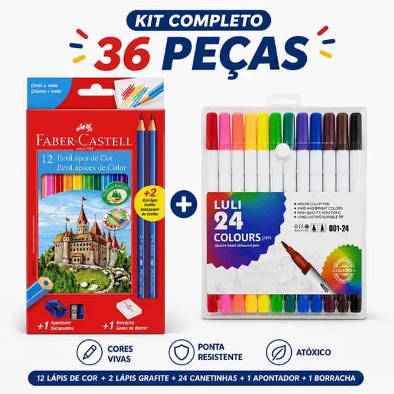 Kit Faber-Castell Lápis de Cor 12 Cores + Brush Pen 24 Cores Lettering Desenho Original