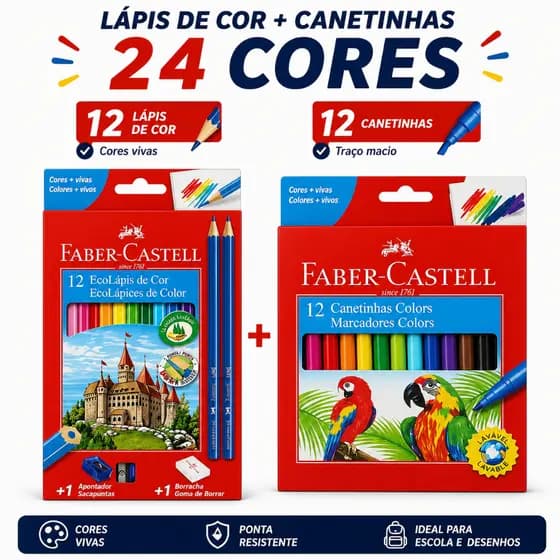 Kit Lápis de Cor 12 Cores + Canetinha Hidrográfica Faber-Castell Original Escolar