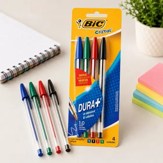 Kit 4 Canetas BIC Cristal Original Dura+ ou Fashion Esferográfica 1.0mm 1.2mm Escolar Escritório