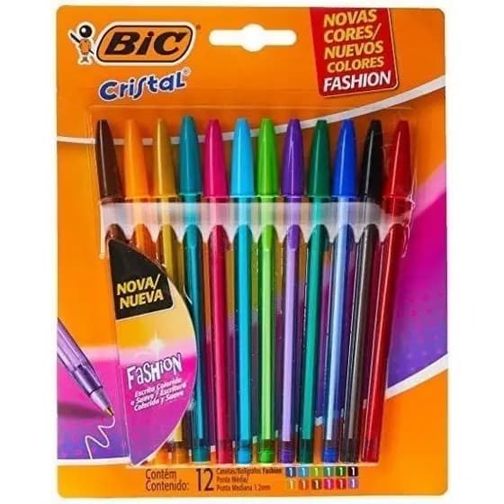 Caneta BIC Cristal Fashion Colorida 1.2mm Kit 10 Cores Original Esferográfica Escolar Escritório