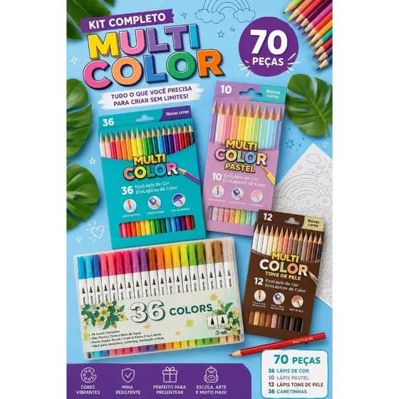 Kit Lápis de Cor Multicolor 36 Cores + Tons Pastel + Tons de Pele + Brush Pen Material Escolar Desenho