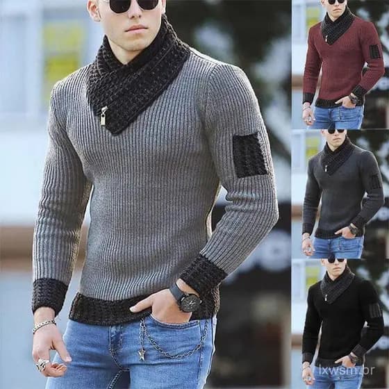Suéter Masculino Feito de Malha Fina com Mangas Longas e Gola de Cachecol Patchwork Camisola