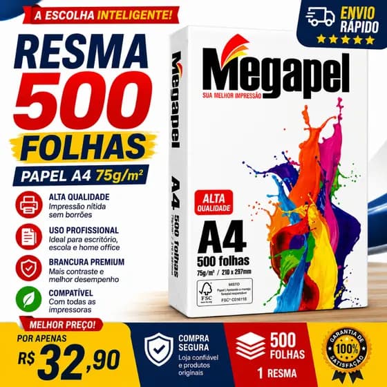 Papel a4 75g - Resma com 500 folhas sulfite | Megapel