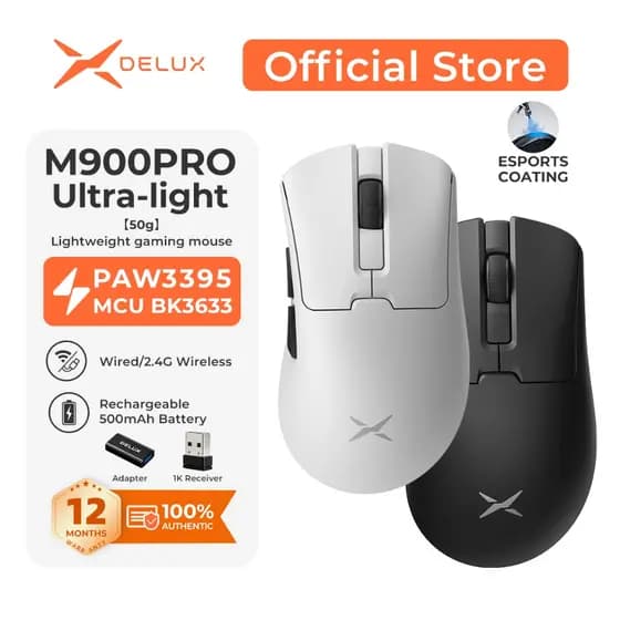 DELUX M900 Pro Ultra-Light 50g Mouse Gamer Sem Fio 8K – PAW3395, BK3633, Ice Coating, 500mAh
