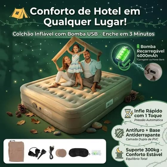 Colchão Inflável Casal 40cm Com Bomba Recarregável Embutida Usb Cama De Camping Portátil Reforçada