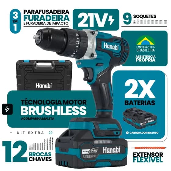 【Hanabi】Parafusadeira Furadeira de Impacto Brushless 80NM Hanabi sem Fio com 2 Baterias 21VProfissional