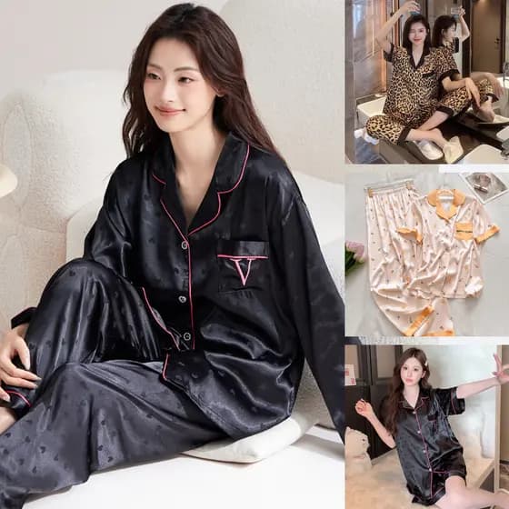 Senhoras manga longa/manga curta quatro estações pijamas ins estilo amor Jacquard moda gelo seda pijamas verão manga cur