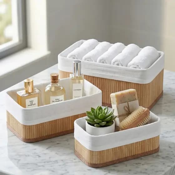 Cestos de Bambu com Forro Anti-Mofo e Fácil Limpeza Com Forro Removível Kit com 3