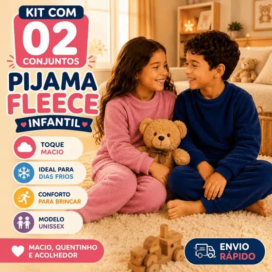Kit 2 Pijamas Fleece Infantil Unissex Quentinho Macio Inverno Menino e Menina