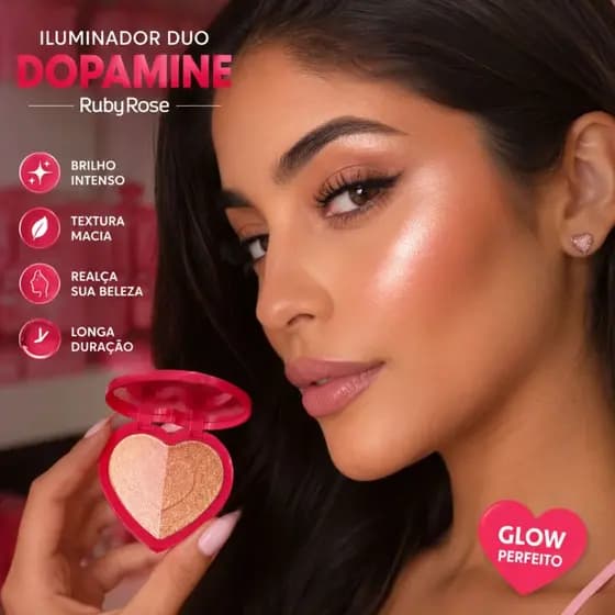 Iluminador Facial Ruby Rose Dopamine Duo Compacto Glow Alta Pigmentação Brilho Intenso Maquiagem