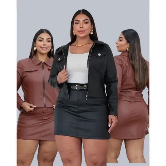 Conjunto Couro Feminino Plus Size Jaqueta com Zíper e Short Saia com Cinto Incluso Moda Street