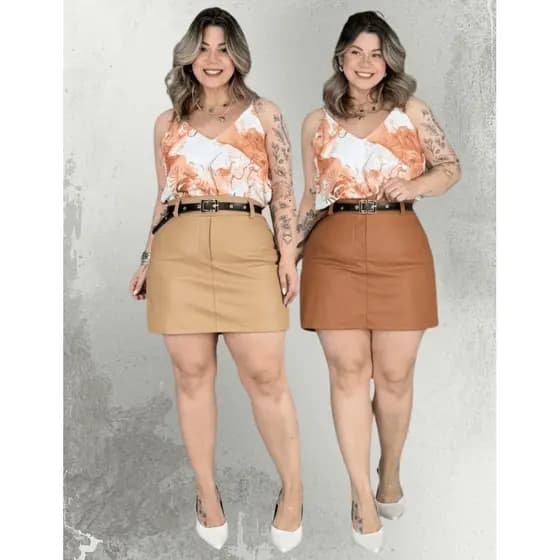 Short Saia Feminino Plus Size Couro Premium e Cinto