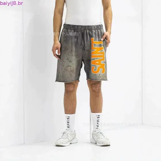 26SS Verão Novo S & M Retro Elástico Cordão Carta Impresso Design Lavar Água Solto Shorts De Algodão