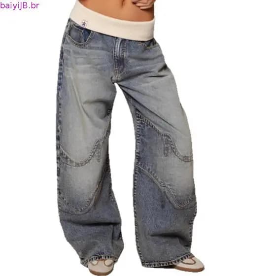 Y2K Hip-hop Costura Moda Retro Solto Jeans Feminino Coreano Casual Simples Essencial Calças De Perna Larga
