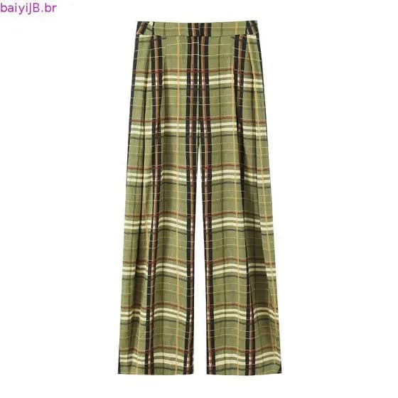 Calças Largas Xadrez Femininas, Calças Casuais de Perna Larga para Mulheres, Cintura Média, Calças Oversize Femininas, C