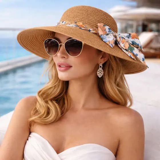 Chapéu Feminino Praia Aba Larga Caramelo ou Bege Proteção Solar UV Chapéu de Sol Feminino Moda Verão Elegante Premium