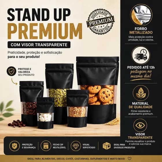 Saco Stand Up Pouch 18x26 Preto com Visor Ziplock Embalagem Fecho Hermético C/ 50un
