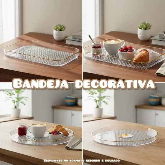 Bandeja Redonda e Retangular de Luxo Cristal Decorativa de Mesa Cozinha