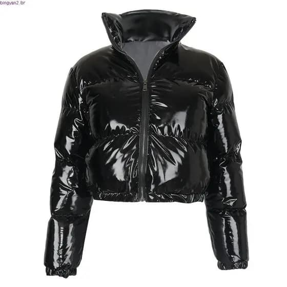 Jaquetas puffer metalizada feminina, malha cirrê, lamê, vinil, fosca ou corta vento
