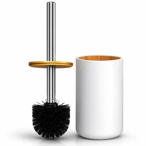 Escova Sanitária com Suporte Branco e Bambu Luxo Para Limpeza de Banheiro Lavabo Casa Prático Design Moderno Premium