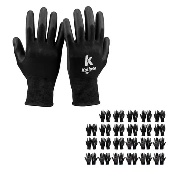 Kit 24 Pares De Luvas Multiuso PROTEÇÃO e Segurança PU Preta Resistente ANTIDERRAPANTE Kalipso