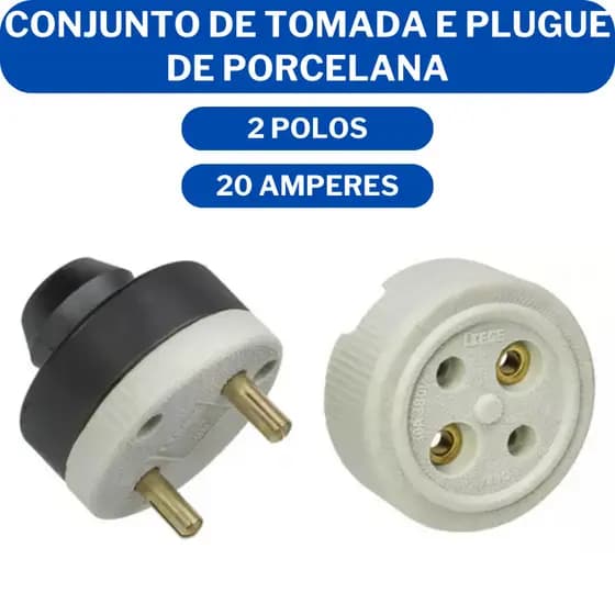 Conjunto de Tomada Industrial e Plug Macho de 2 Polos x 20A de Porcelana