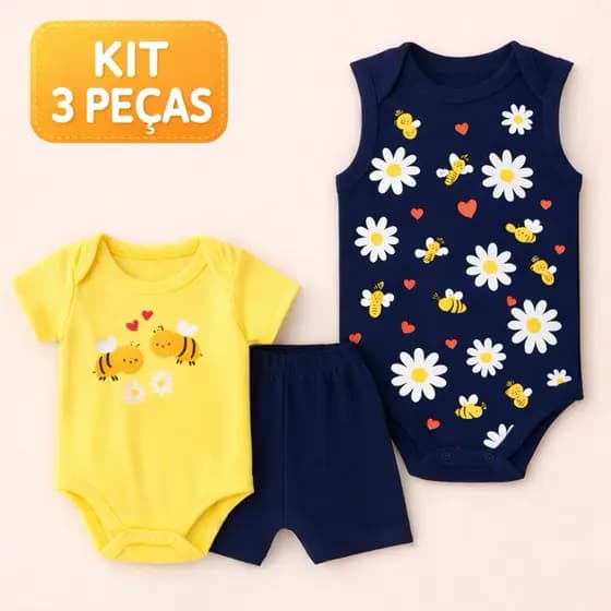 Kit 3 Peças Bebê Menina Algodão Verão – 2 Body Manga Curta / Regata + Shorts