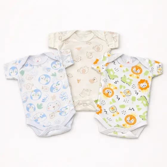 Kit Body Bebê Menino Manga Curta Algodão Canelado - Estampado, Confortável e Macio
