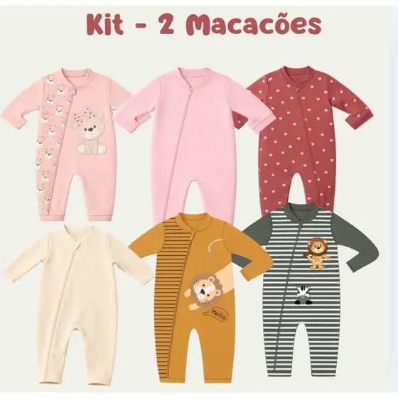 Kit 2 Macacão Bebê Suedine com Zíper RN ao 1 - Manga Longa