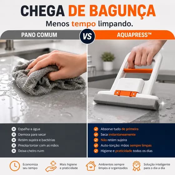 Mini Mop Absorvente Portátil AquaPress™ para Pia, Bancada e Vidro com Auto Torção