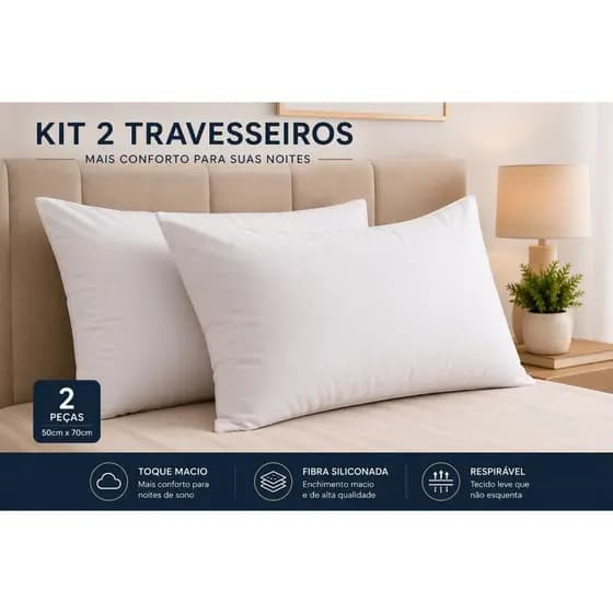 KIT 2 TRAVESSEIRO 100% FIBRA SILICONADA LUXO HOTEL TOQUE MACIO LAVAVEL PREMIUM