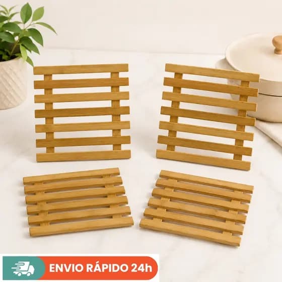 Kit Descanso de Panela Bambu 19cm Quadrado – Resistentes, Antiderrapantes e Decorativos