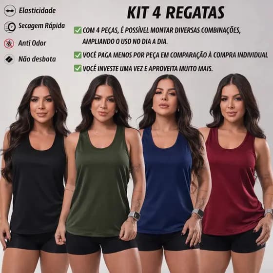 KIT 4 Regata Dry Fit Feminina Academia Costas Nadador Esportiva Lisa Treino Fitness Leve Treino Mais UNIDADE