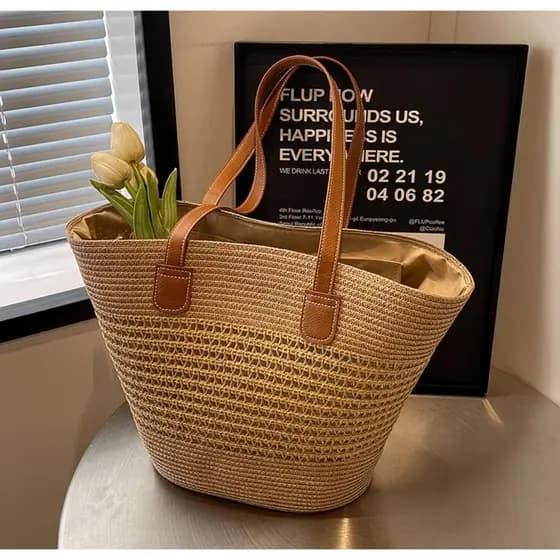 Bolsa Palha Feminina Grande Praia Verão Alça Couro Blogueira