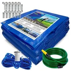 Capa Piscina Azul Promocional + Kit Instalação e Mangueira Verde 10 Metros 5x3 | 6,5x3 | 6,5x3,5