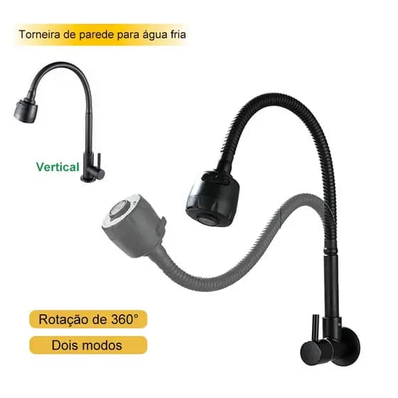 Torneira de Cozinha de Parede em Aço Inoxidável 304, Torneira de Água Fria com Dois Modos