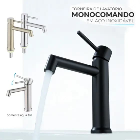 Torneira de Lavatório Monocomando em Aço Inox, Design Minimalista Moderno, Somente Água Fria,