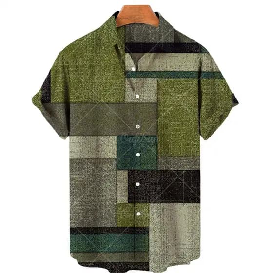 Camisa Havaiana Masculina Casual Confortável Moda Respirável Top Bloco Geométrico Padrão Roupa De Festa