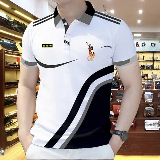 Camisa polo Listrada Masculina , Roupas Casuais De Manga Curta Da Moda , Camiseta Estampada Geométrica Solta Estilo Core