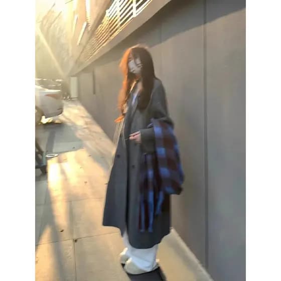 Casaco cinza feminino outono inverno High-End lã blusão inverno engrossado pequeno estilo coreano longo alto