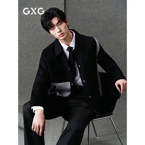 GXG Roupas masculinas cor contrastante xadrez Patchwork mistura de lã casaco curto casaco inverno 25